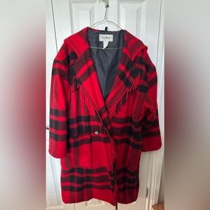 Vintage LL BEAN Women’s Red Black Plaid Wool Coat size Petite XL